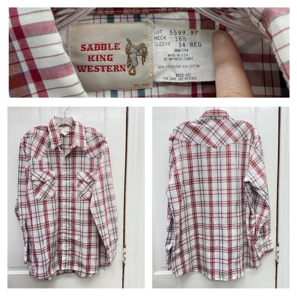 Vintage Saddle King Western Pearl Snap Shirt Mens 16.5 XL Red Plaid Made‎ in USA